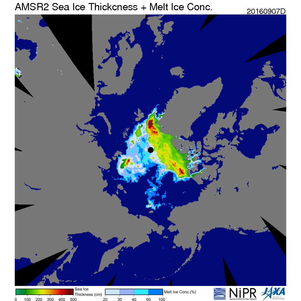 Eisdicke und -konzentration zum Zeitpunkt der geringsten Flächenausdehnung der Jahre 2012 (oben) und 2016 (unten). Bildquelle: National Institute of Polar Research (Japan)